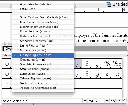 Fig I.2. Filter the palatte by OT feature in Adobe InDesign 2.0